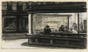 Edward Hopper (1882–1967), Study for Nighthawks, 1941 or 1942. Fabricated chalk and charcoal on paper; 11 1/8 × 15 in. (28.3 × 38.1 cm). Whitney Museum of American Art, New York; purchase and gift of Josephine N. Hopper by exchange  2011.65